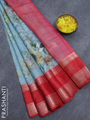 Banarasi kota saree pastel blue and red with floral digital prints and rettapet zari woven border