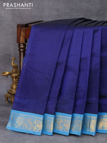 10 yards silk cotton saree blue and cs blue with plain body and elephant & peacock zari woven border without blouse