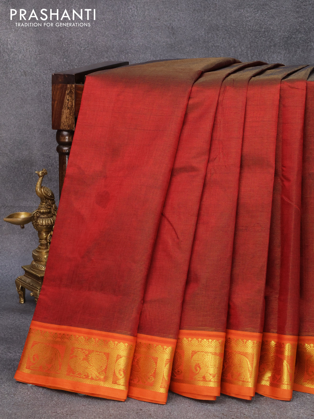 10 yards silk cotton saree maroon and mustard yellow with allover vairosi pattern and annam & elephant zari woven border without blouse