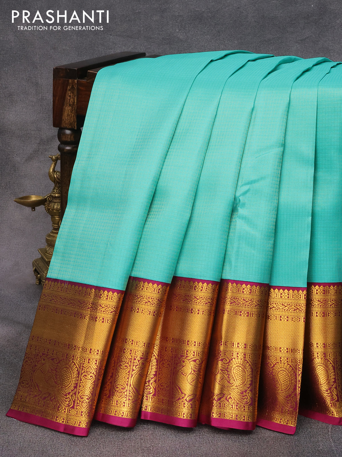 Pure kanjivaram silk saree teal blue and dark magenta with allover zari checked pattern and long zari woven annam korvai border