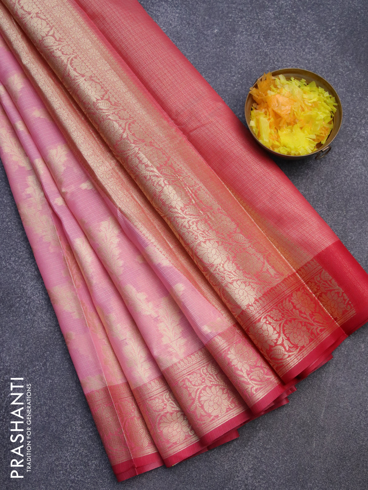 Banarasi kota saree light pink and pink with allover zari weaves and floral zari woven border