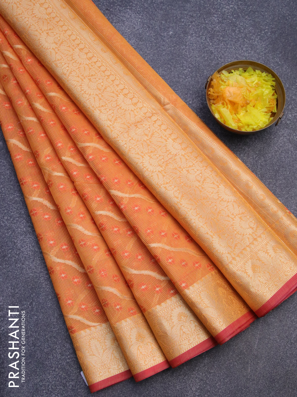 Banarasi kota saree orange and pink with allover thread & zari weaves and zari woven border