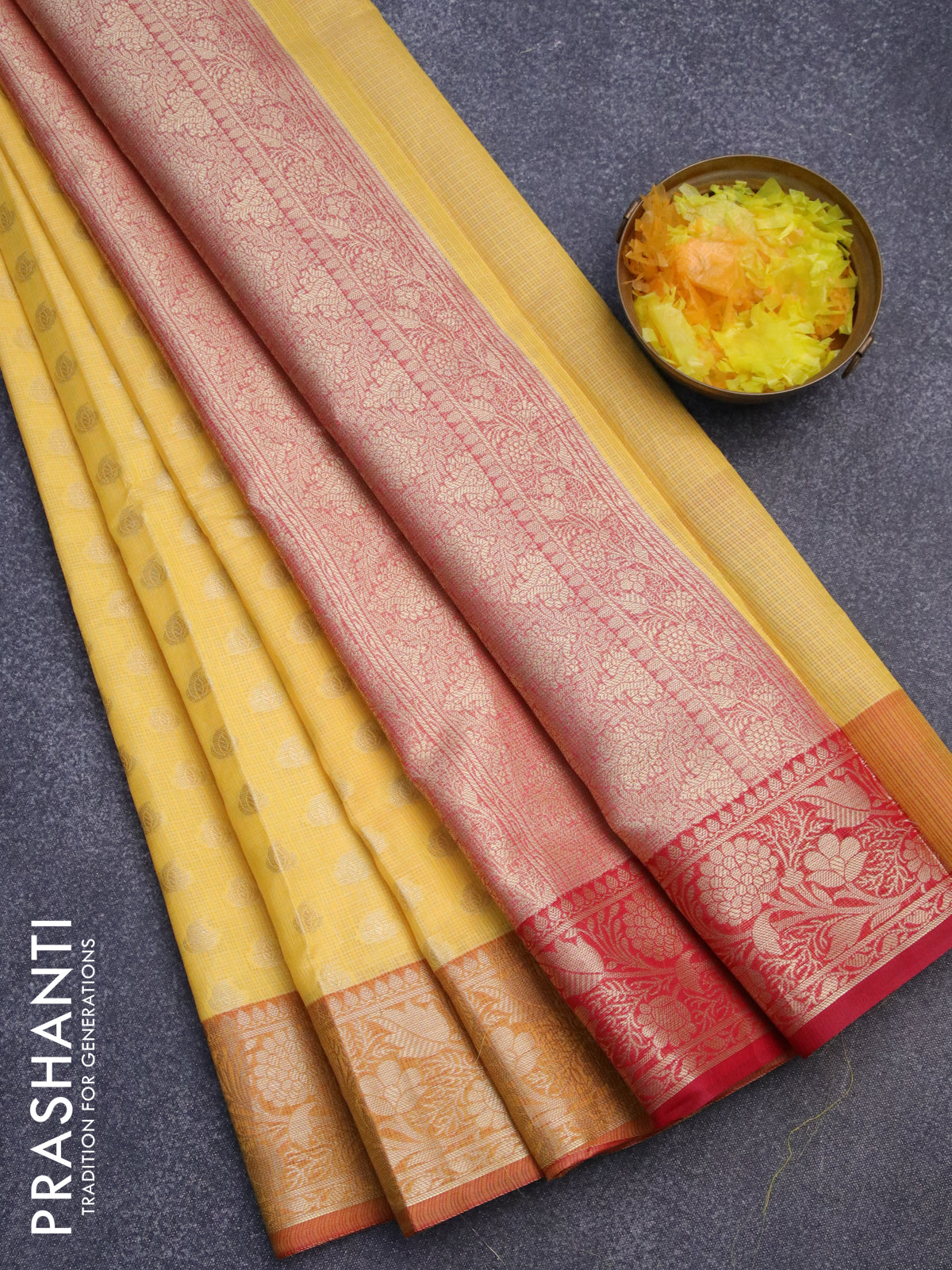 Banarasi kota saree yellow and maroon with allover zari woven buttas and floral zari woven border