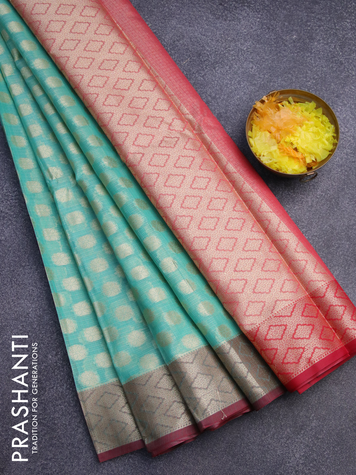 Banarasi kota saree teal blue and maroon with zari woven buttas and zari woven border