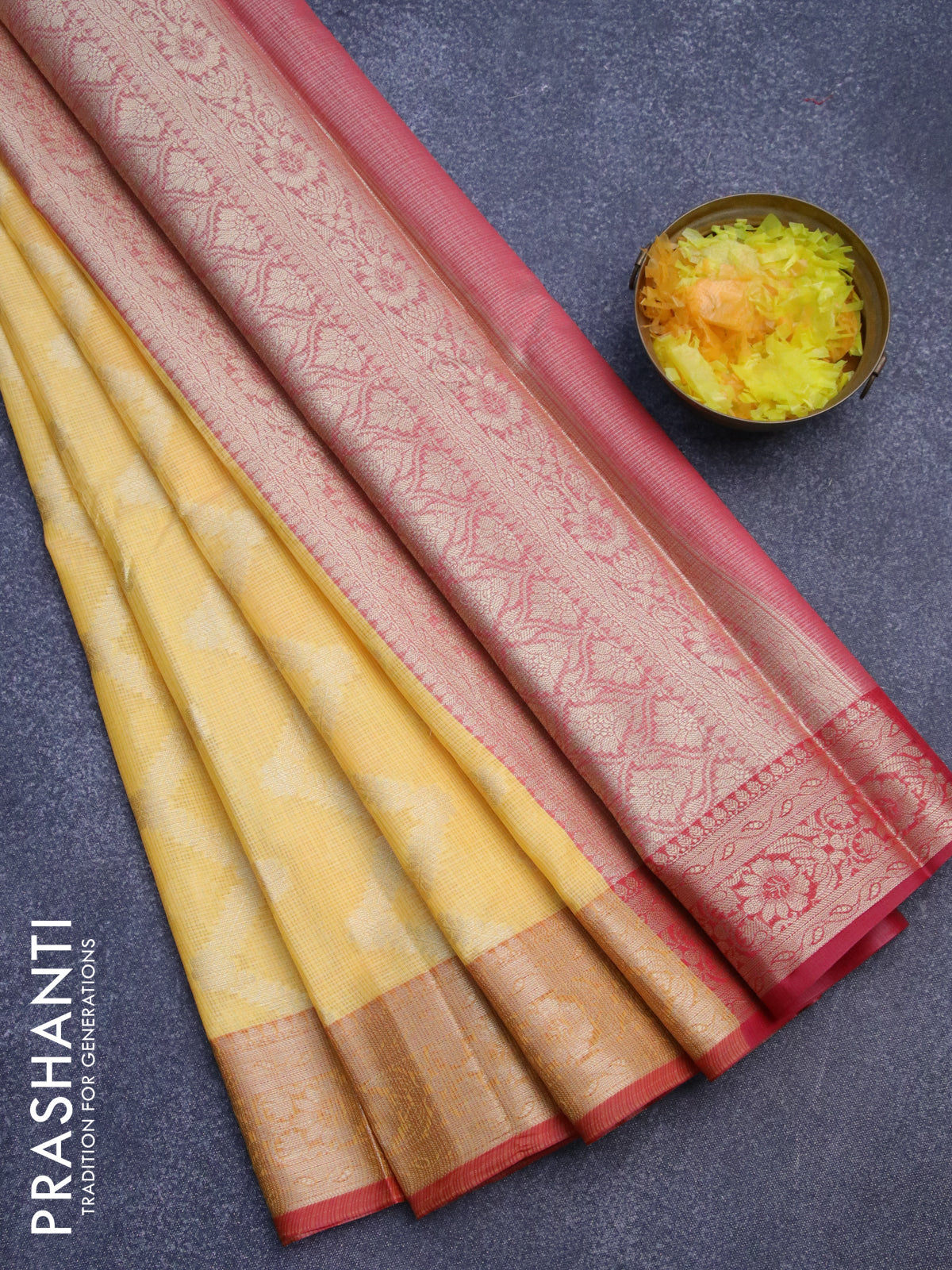 Banarasi kota saree yellow and pink with allover zari woven zig zag weaves and zari woven border