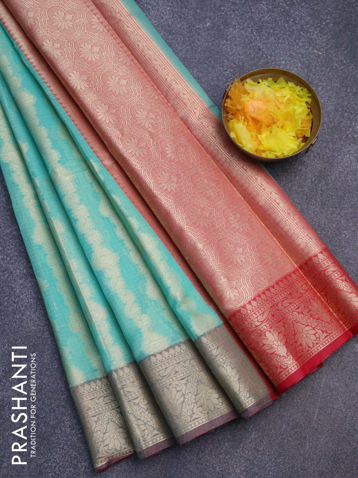 Banarasi kota saree teal blue and maroon with allover zari weaves and zari woven border