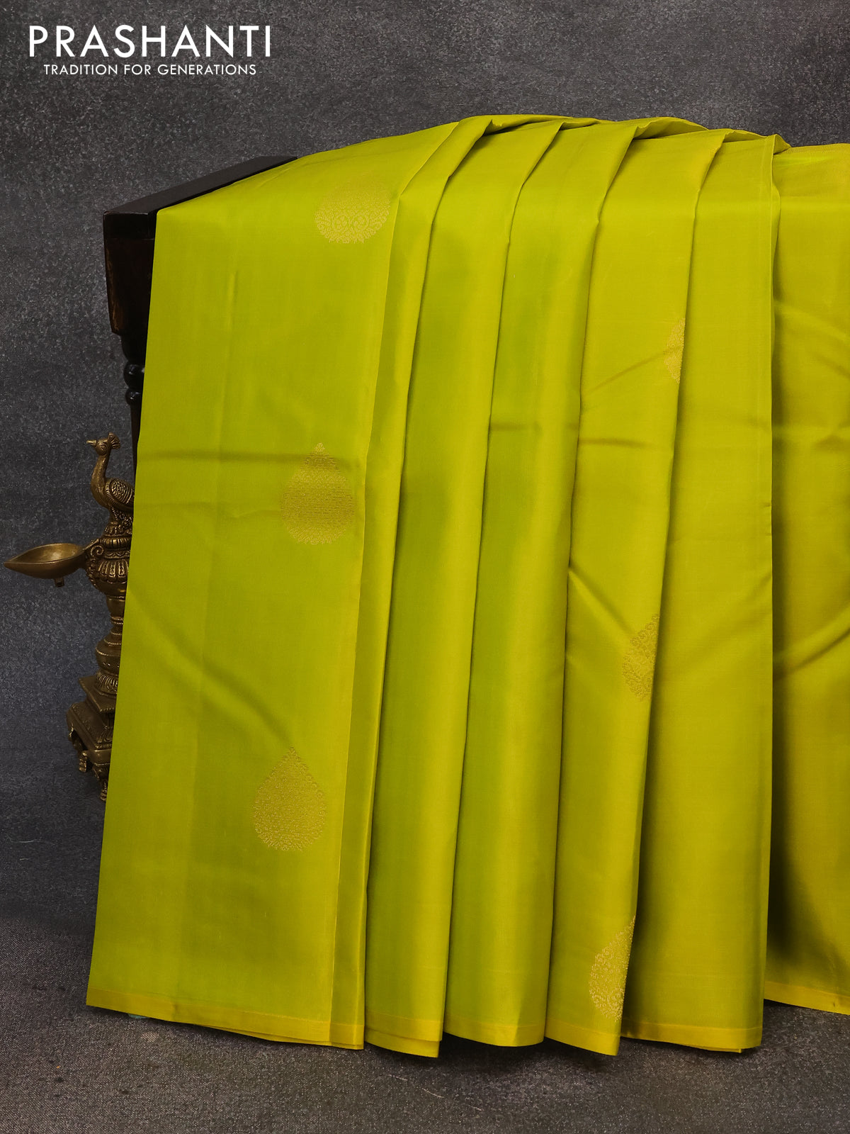 Pure kanjivaram silk saree lime yellow and multi colour with zari woven buttas in borderless style