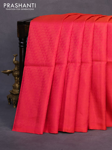 Pure soft silk saree dual shade of pinkish orange and mehendi green with allover copper zari brocade weaves in borderless style - borderless style