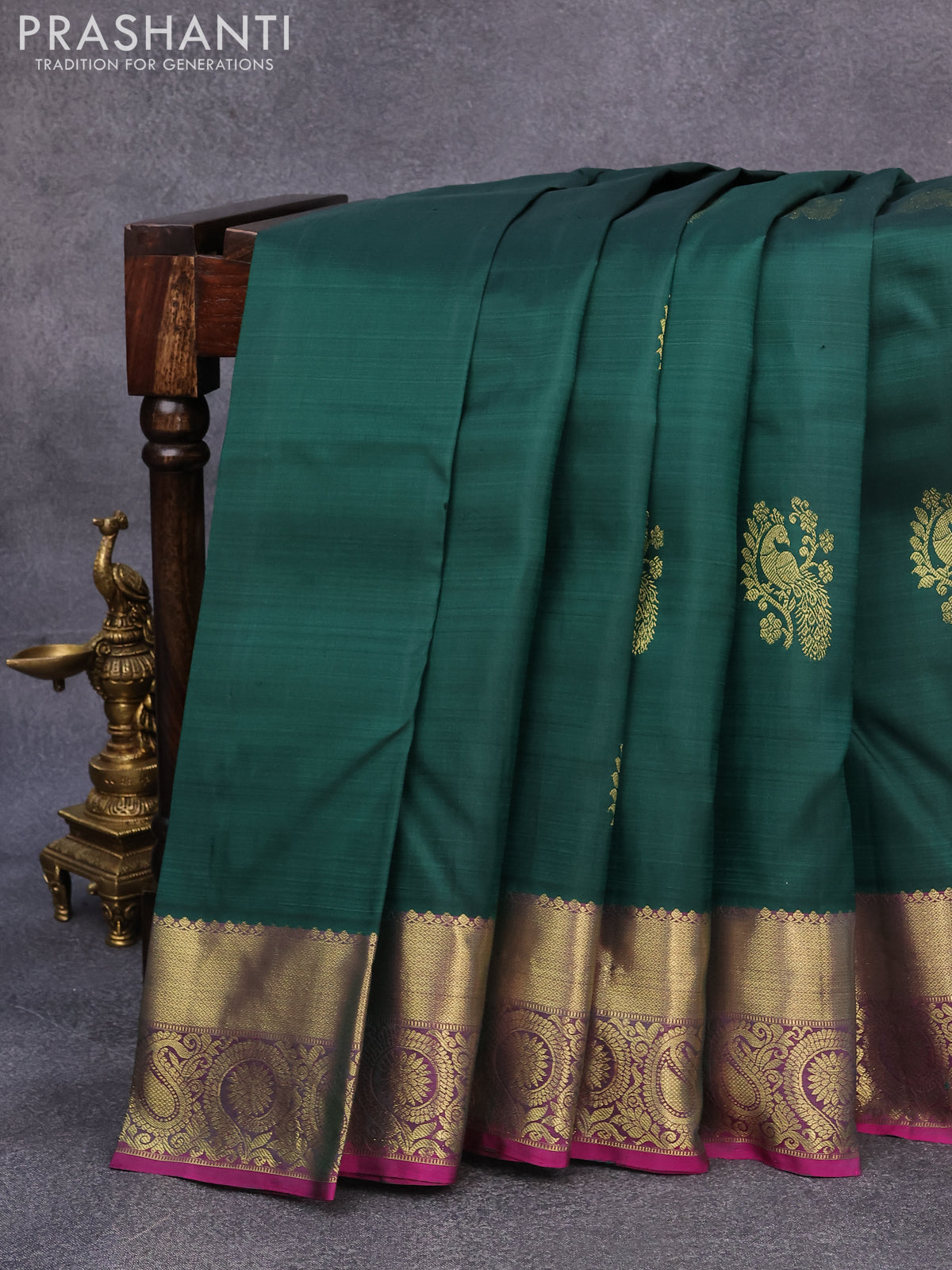 Pure kanjivaram silk saree dark green and purple with peacock zari woven buttas and rich zari woven border butta style