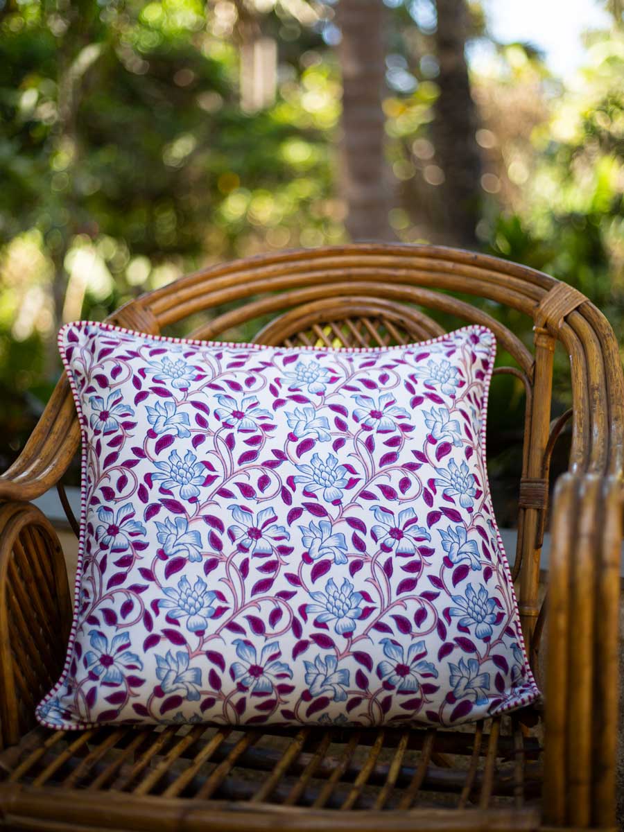 Lavender Bloom Block Printed Cotton Cushion Cover - 20 Inch