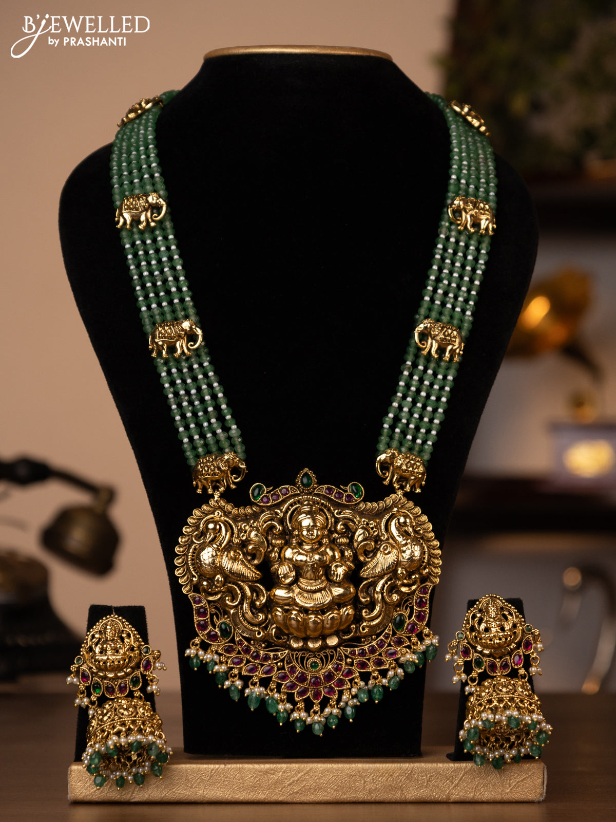 Antique green beaded haaram lakshmi design with jadau stones and beads hanging