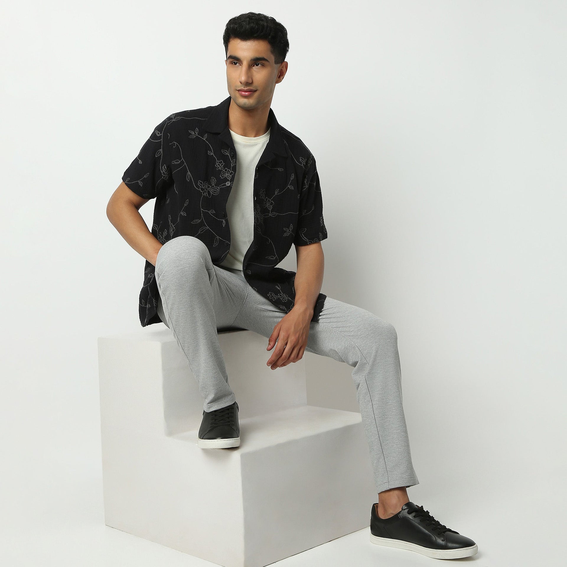 Camp Collar Half Sleeve Short Length Relaxed Fit Cuban Embroidered Shirt