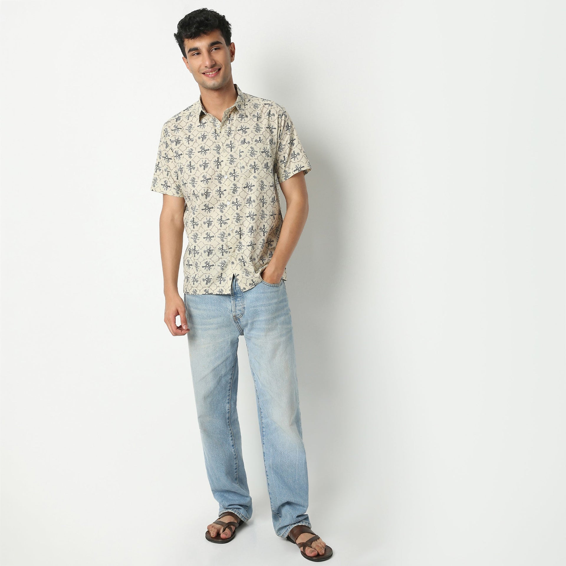 Camp Collar Half Sleeve Relaxed Fit Block Print Shirt