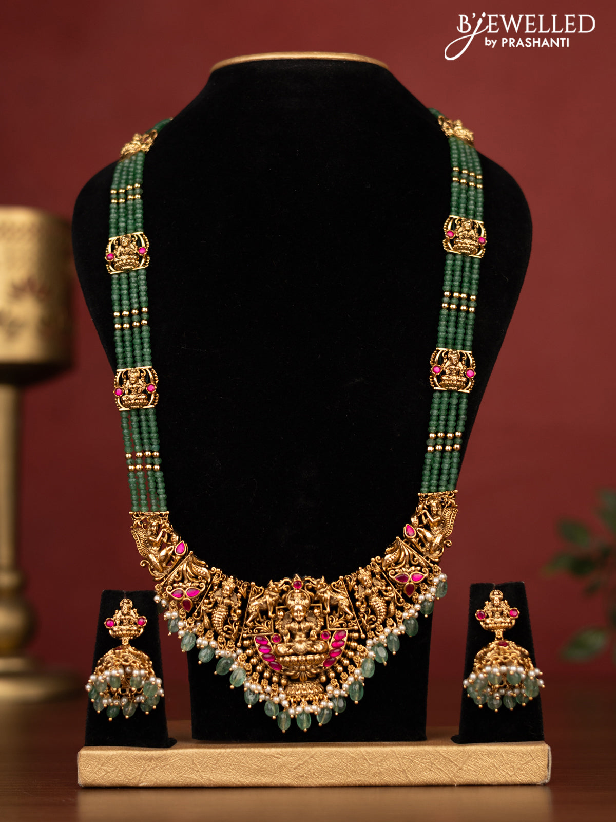 Antique beaded green haaram lakshmi pendant with pink kemp stones and beads & pearl hangings