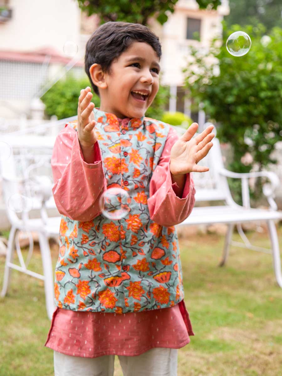 Set of 3 - Nihaar Block Printed Kurta With Jacket