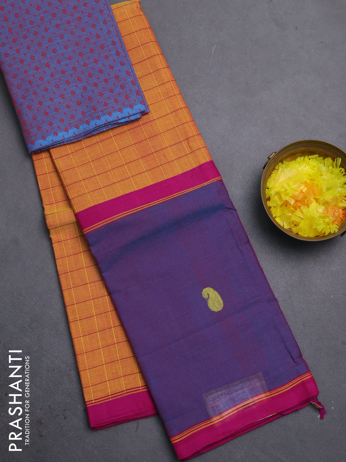 Chettinad cotton saree dark mustard and dual shade of violet with allover checked pattren and long rettapet butta border