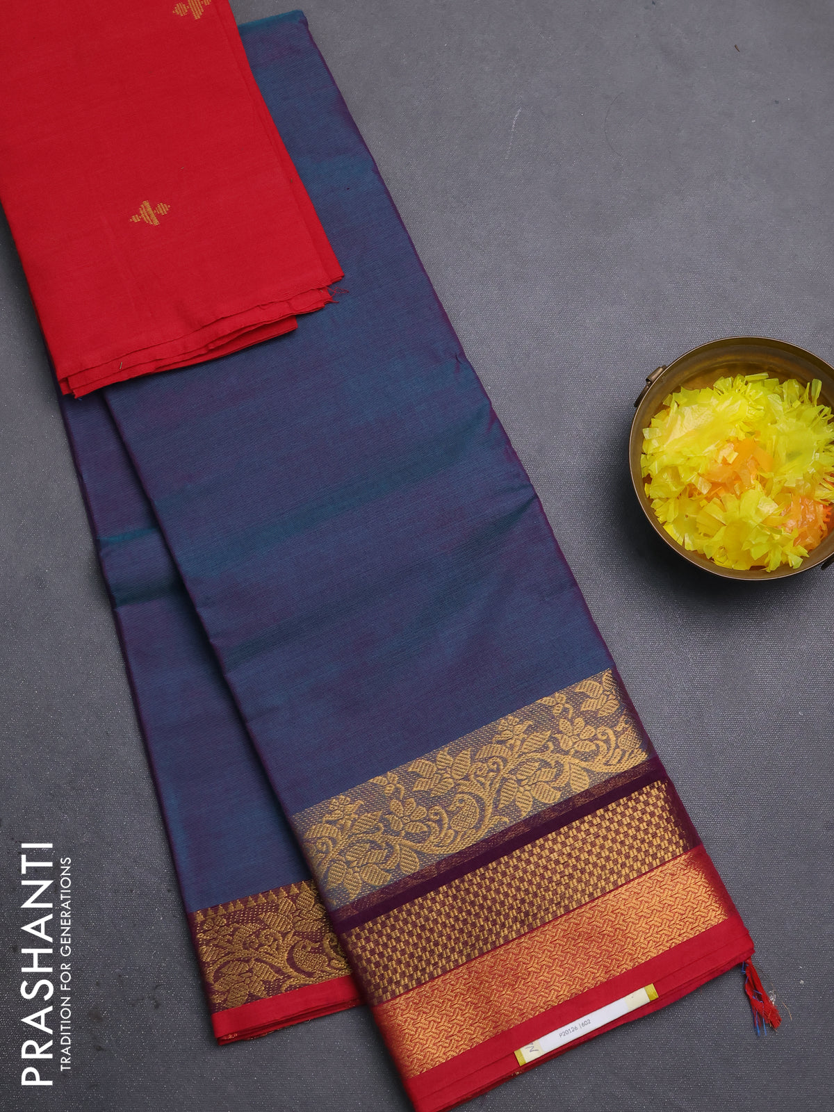 Chettinad cotton saree dual shade of peacock blue and red with plain body and long zari woven border