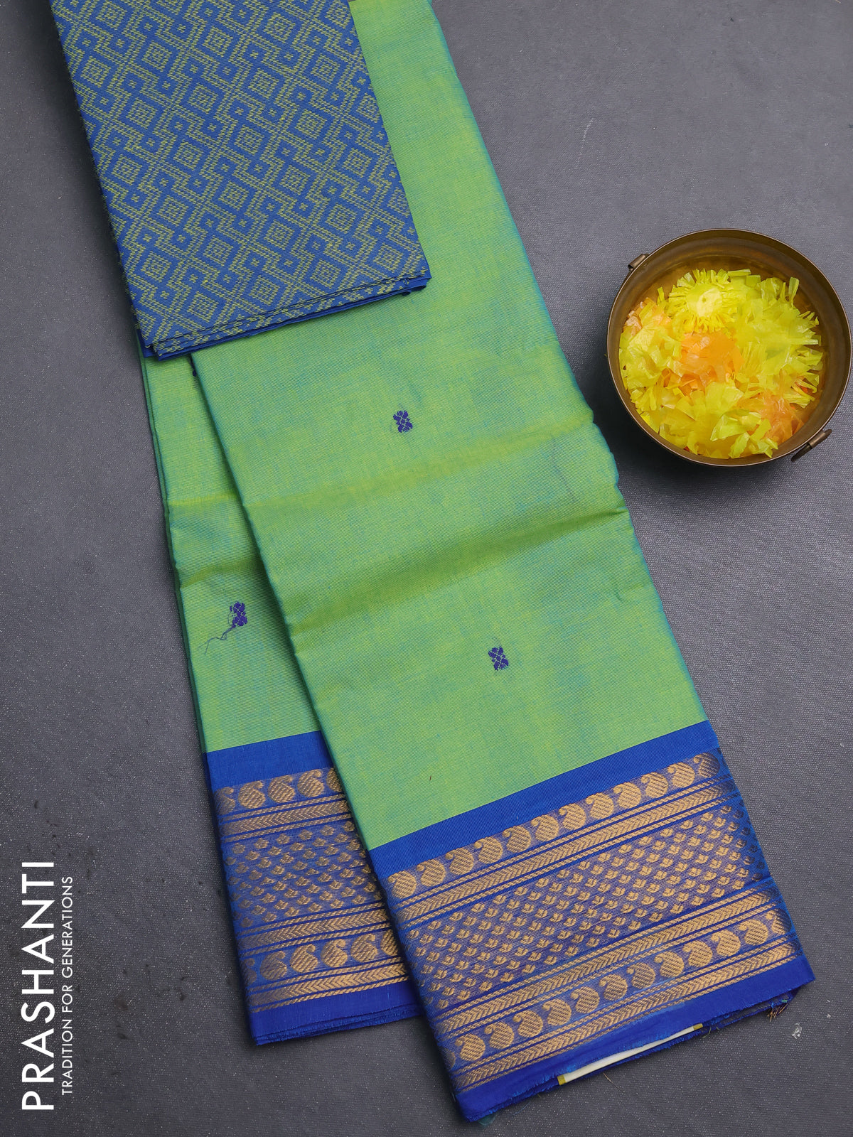 Chettinad cotton saree dual shade of light green and blue with thread woven buttas and zari woven border