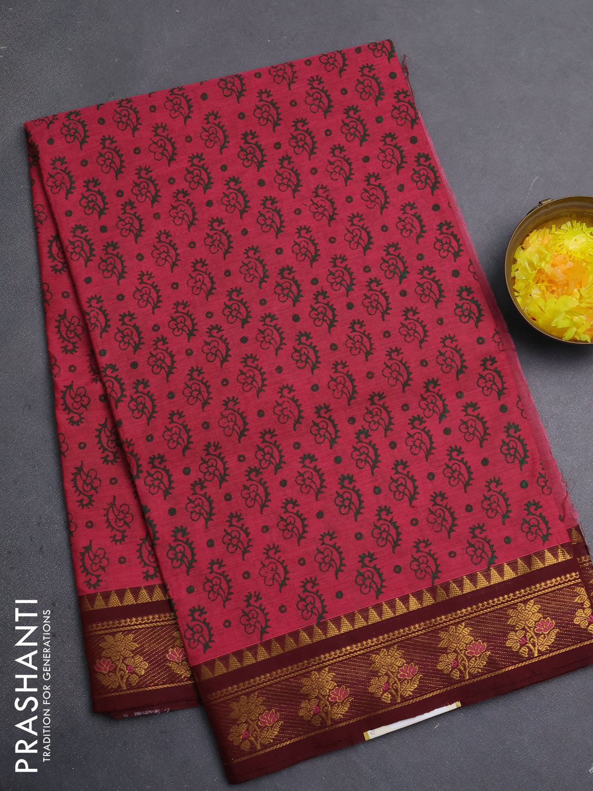 Chettinad cotton saree mavu pink and maroon with allover butta prints and zari woven border
