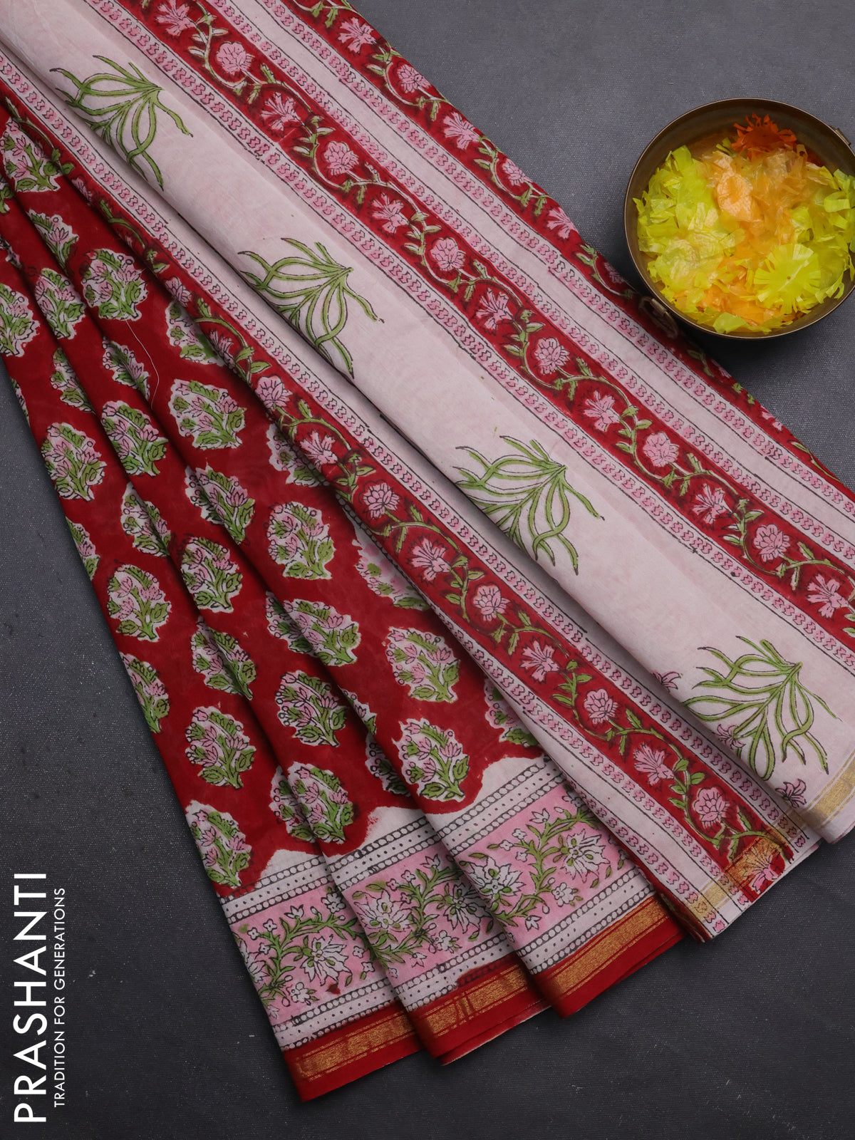 Chanderi bagru saree red and light pink with allover butta prints and small zari woven border