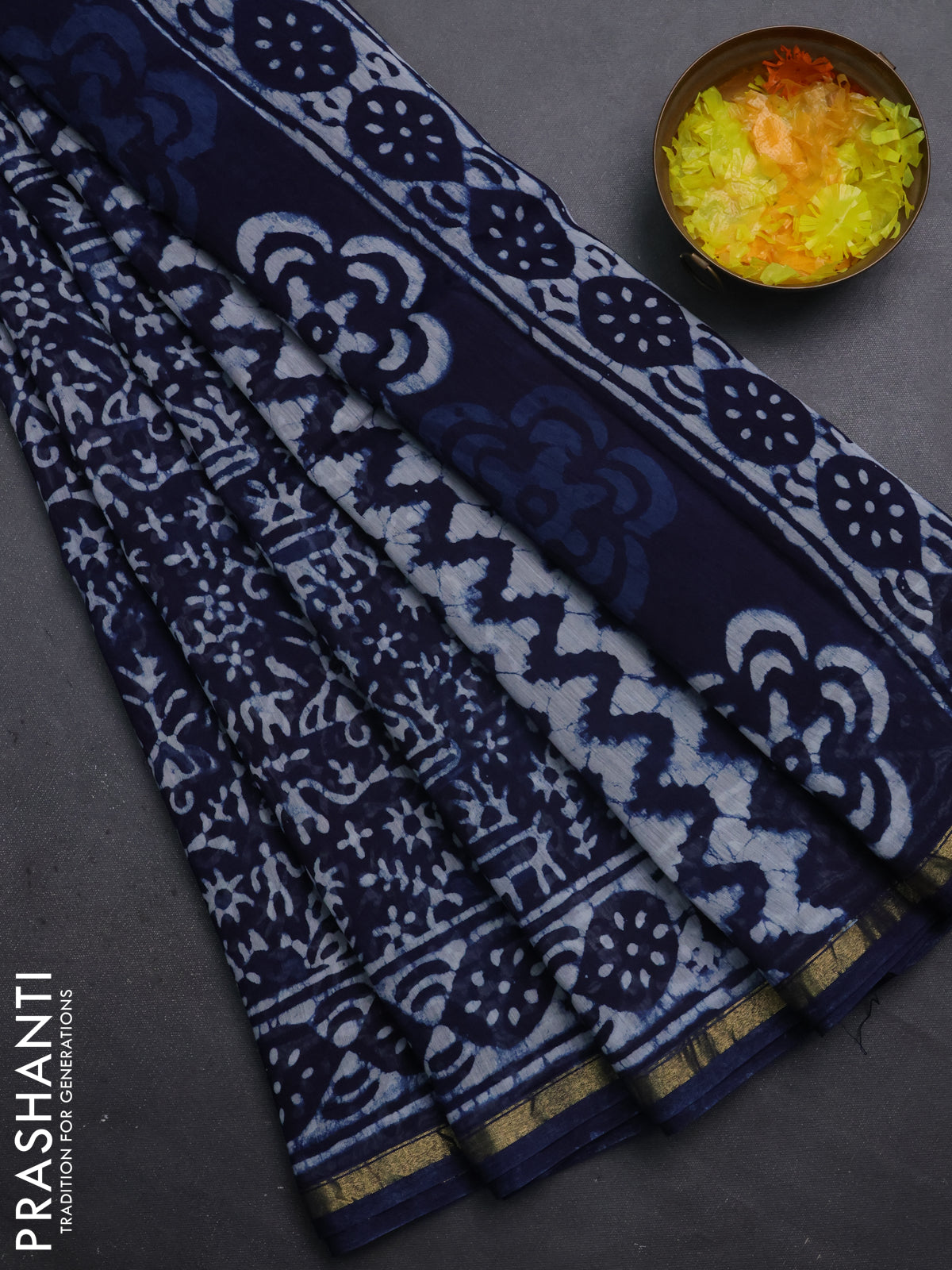 Chanderi bagru saree indigo blue and off white with allover batik prints and small zari woven border