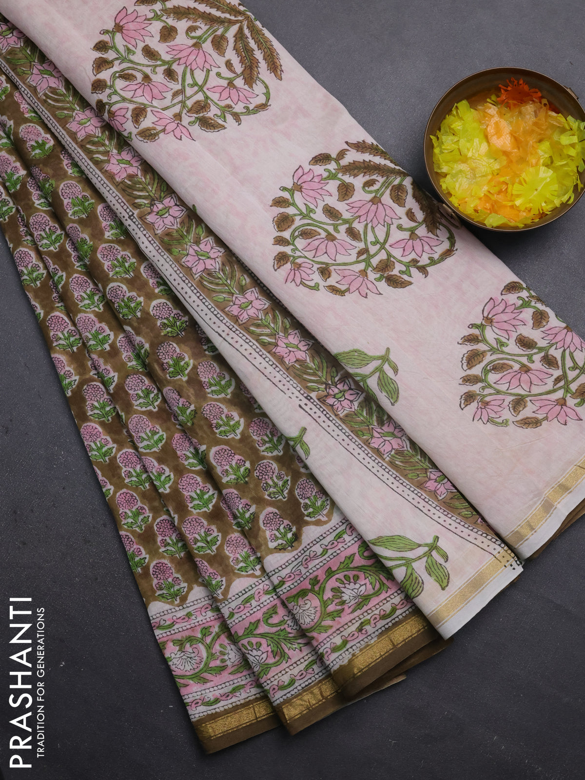 Chanderi bagru saree mehendi green and off white with floral butta prints and small zari woven border
