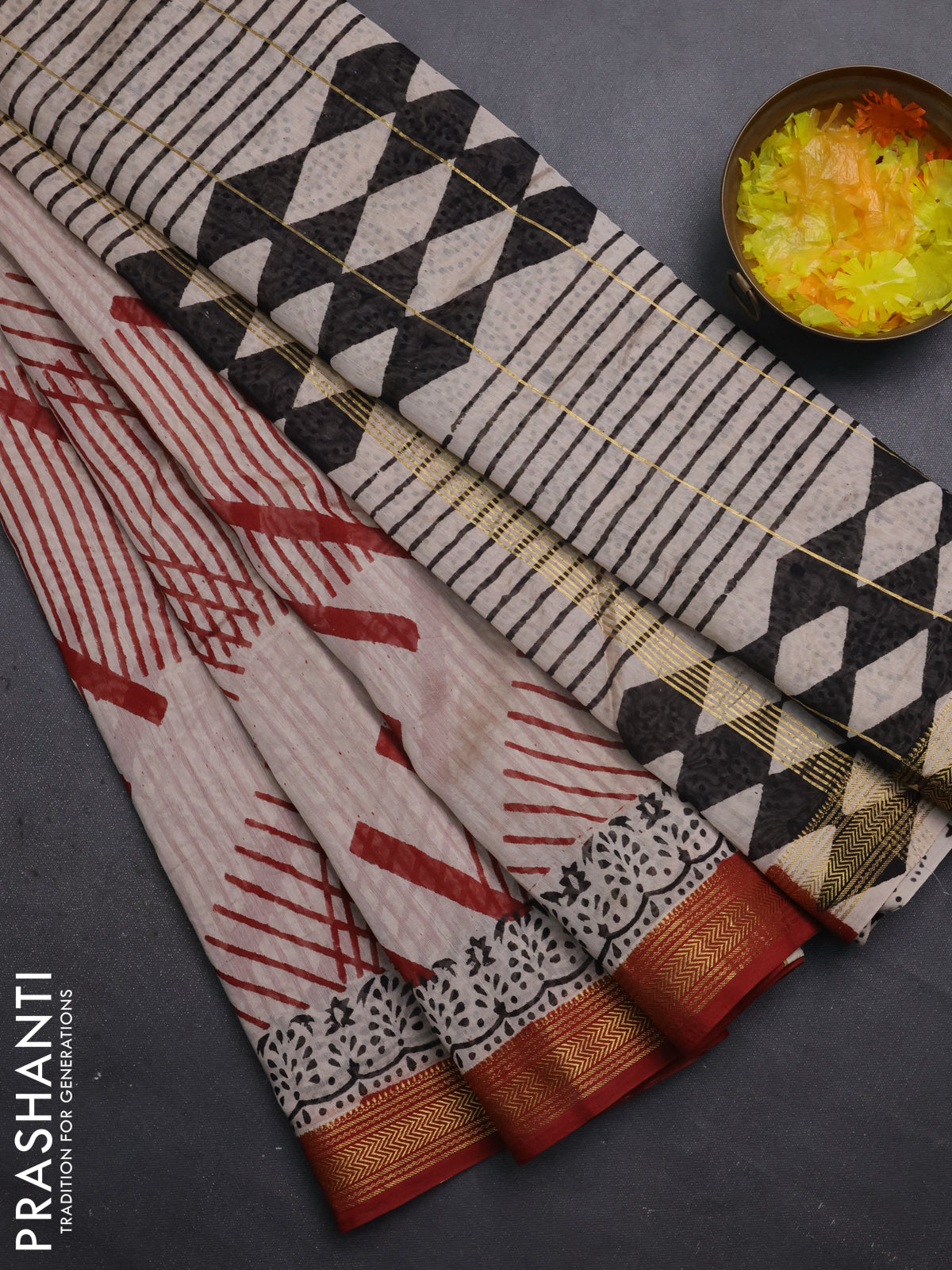 Chanderi bagru saree rust shade and beige with stripe pattern and maheshwari border