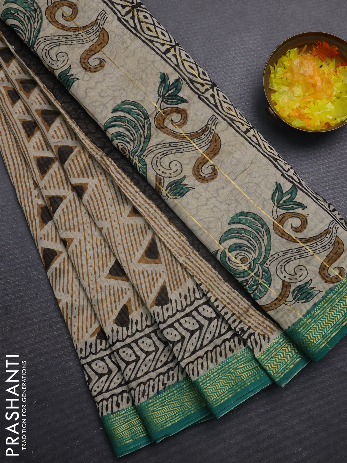 Chanderi bagru saree beige and teal green with allover geometric prints and maheshwari border