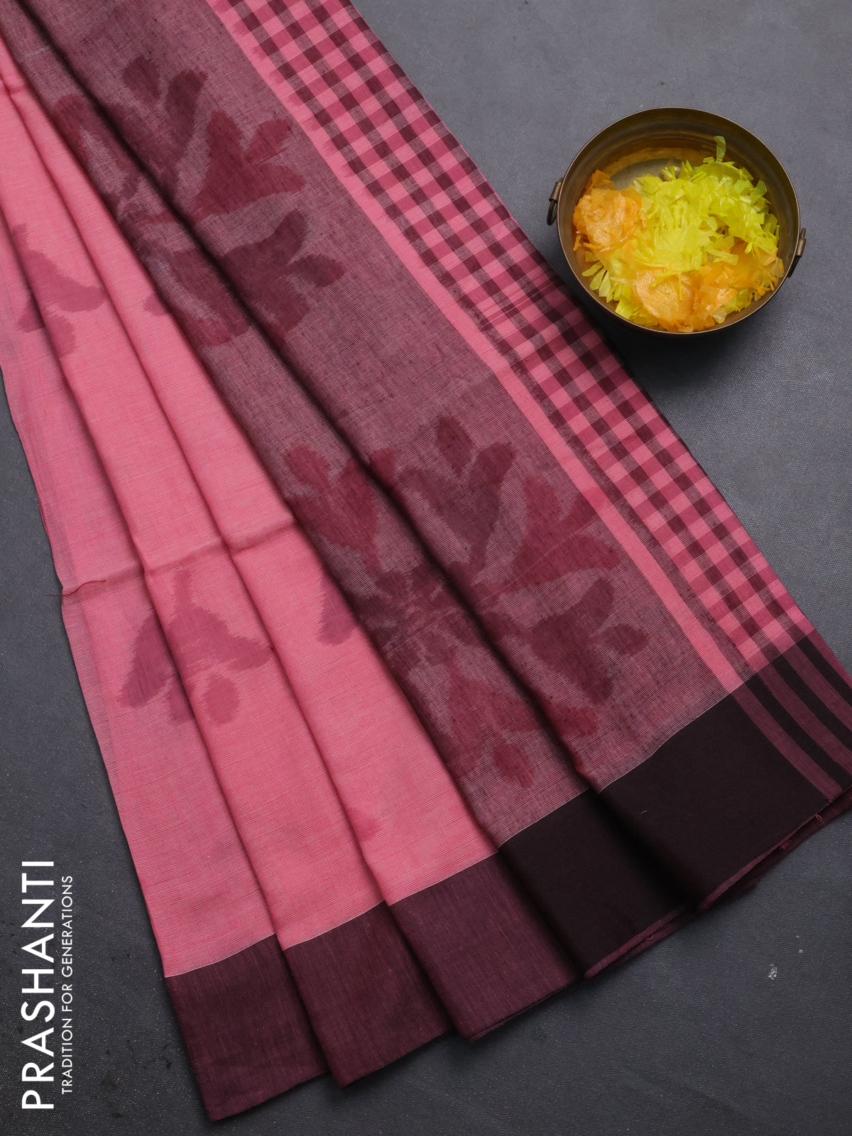 Bengal soft cotton saree peach pink and maroon with allover butta weaves and simple border