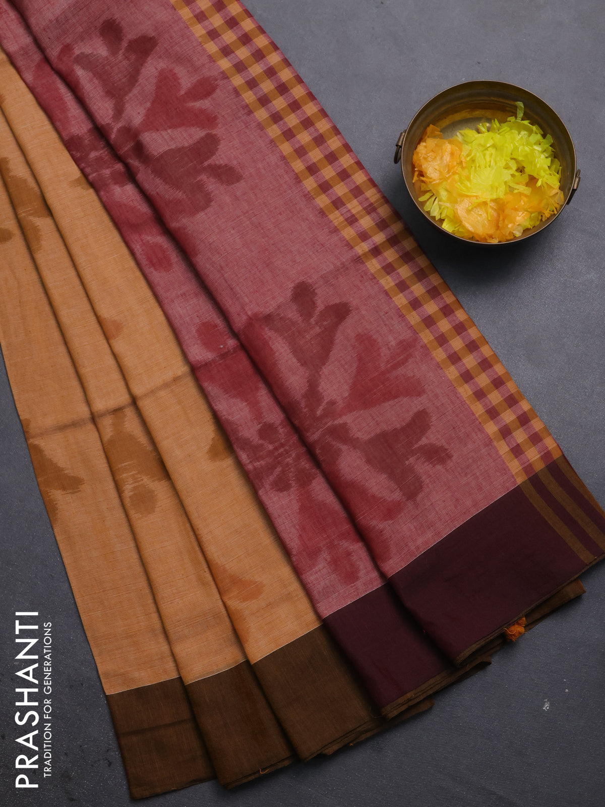 Bengal soft cotton saree dark mustard and maroon with allover butta weaves and simple border