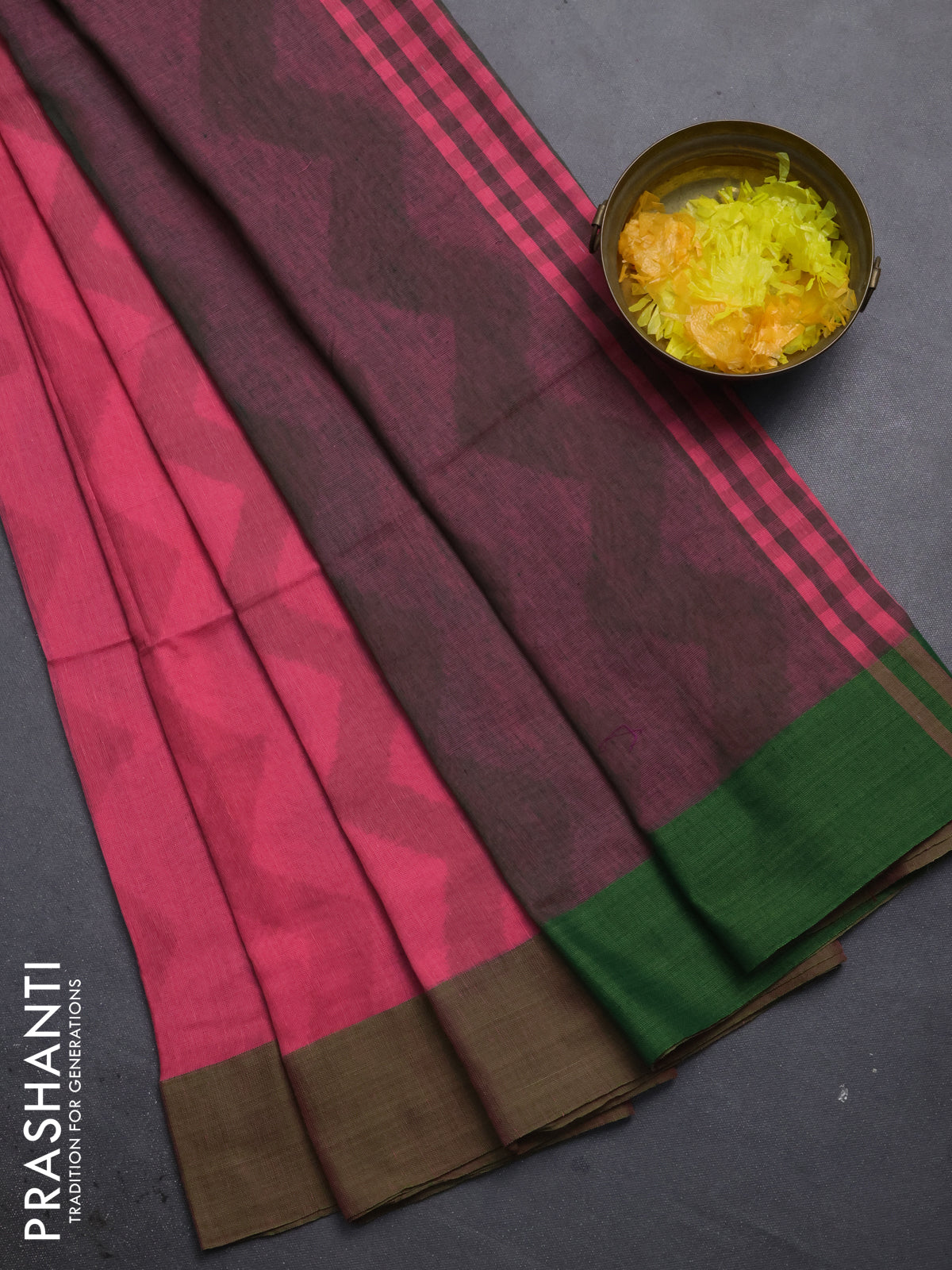 Bengal soft cotton saree peach pink and green with allover weaves and simple border