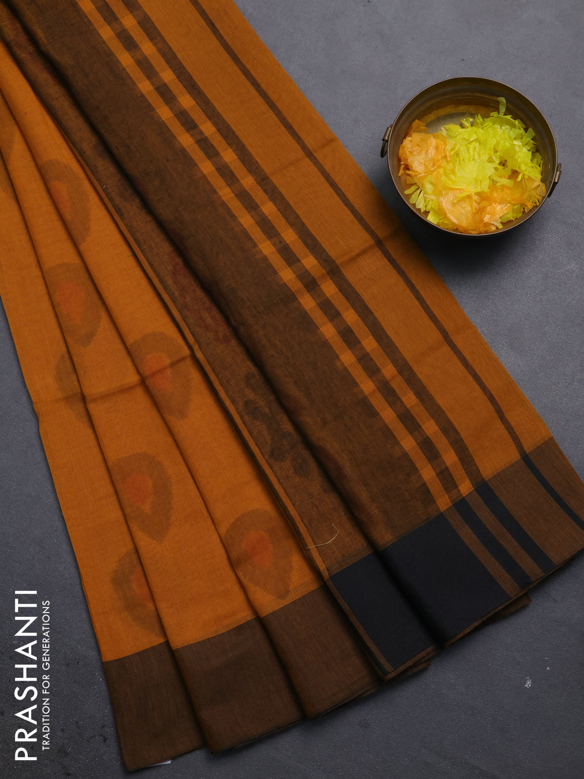 Bengal soft cotton saree dark mustard and black with allover butta weaves and simple border