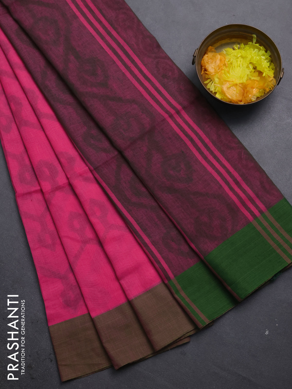 Bengal soft cotton saree pink and green with allover butta weaves and simple border