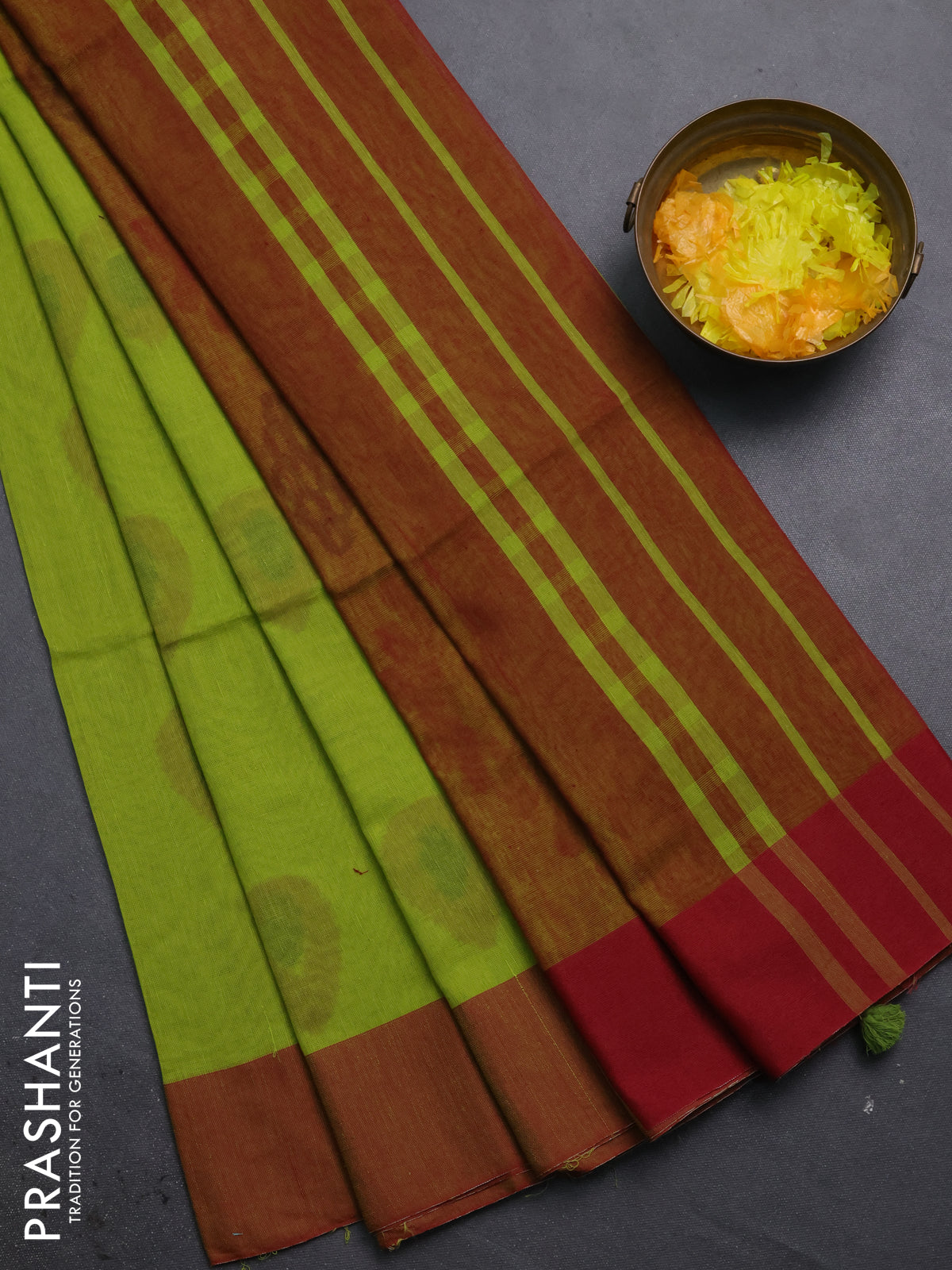 Bengal soft cotton saree light green and maroon with allover butta weaves and simple border
