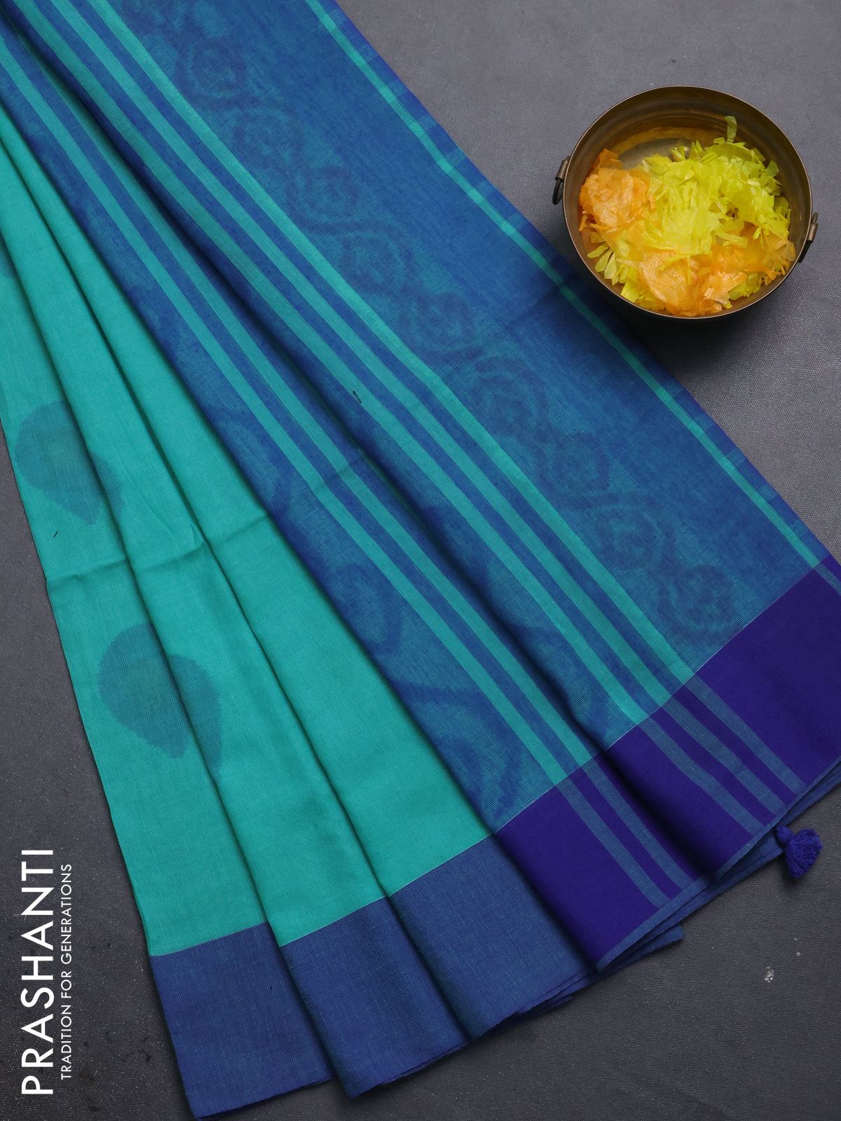 Bengal soft cotton saree teal green and blue with allover butta weaves and simple border
