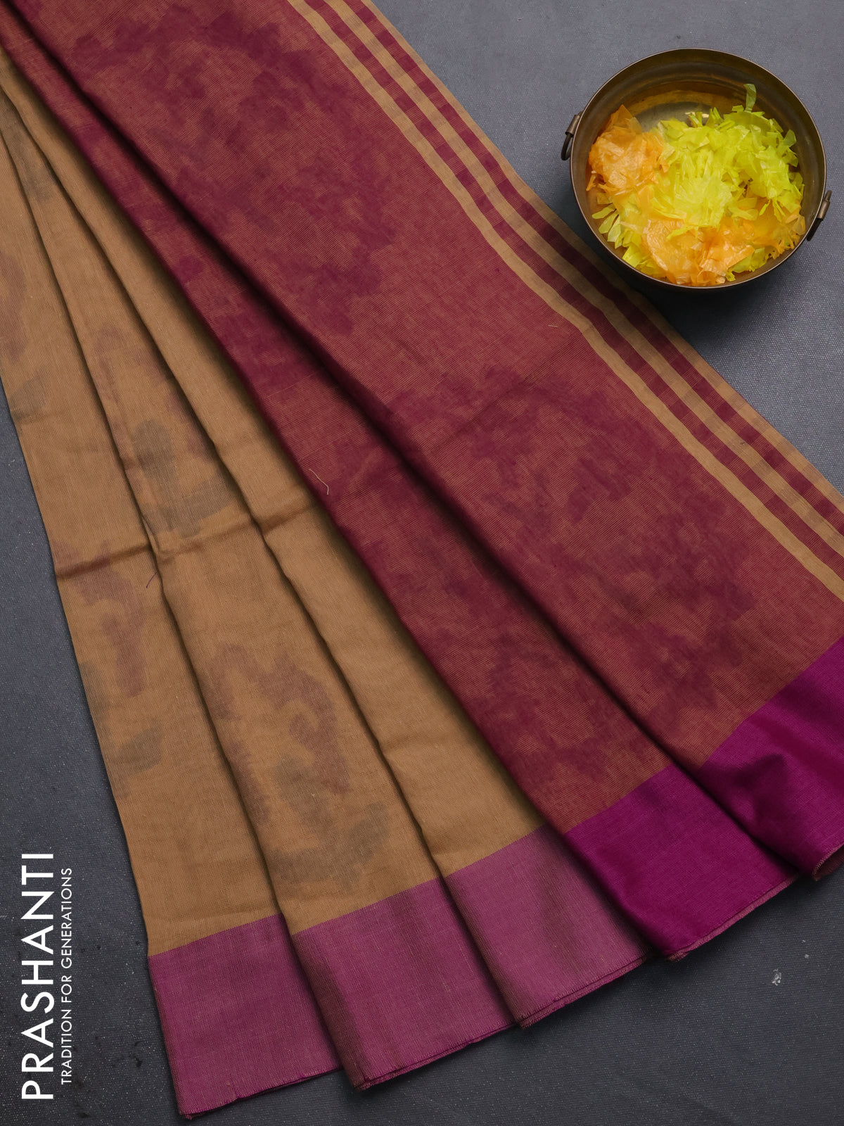 Bengal soft cotton saree sandal and purple with allover butta weaves and simple border