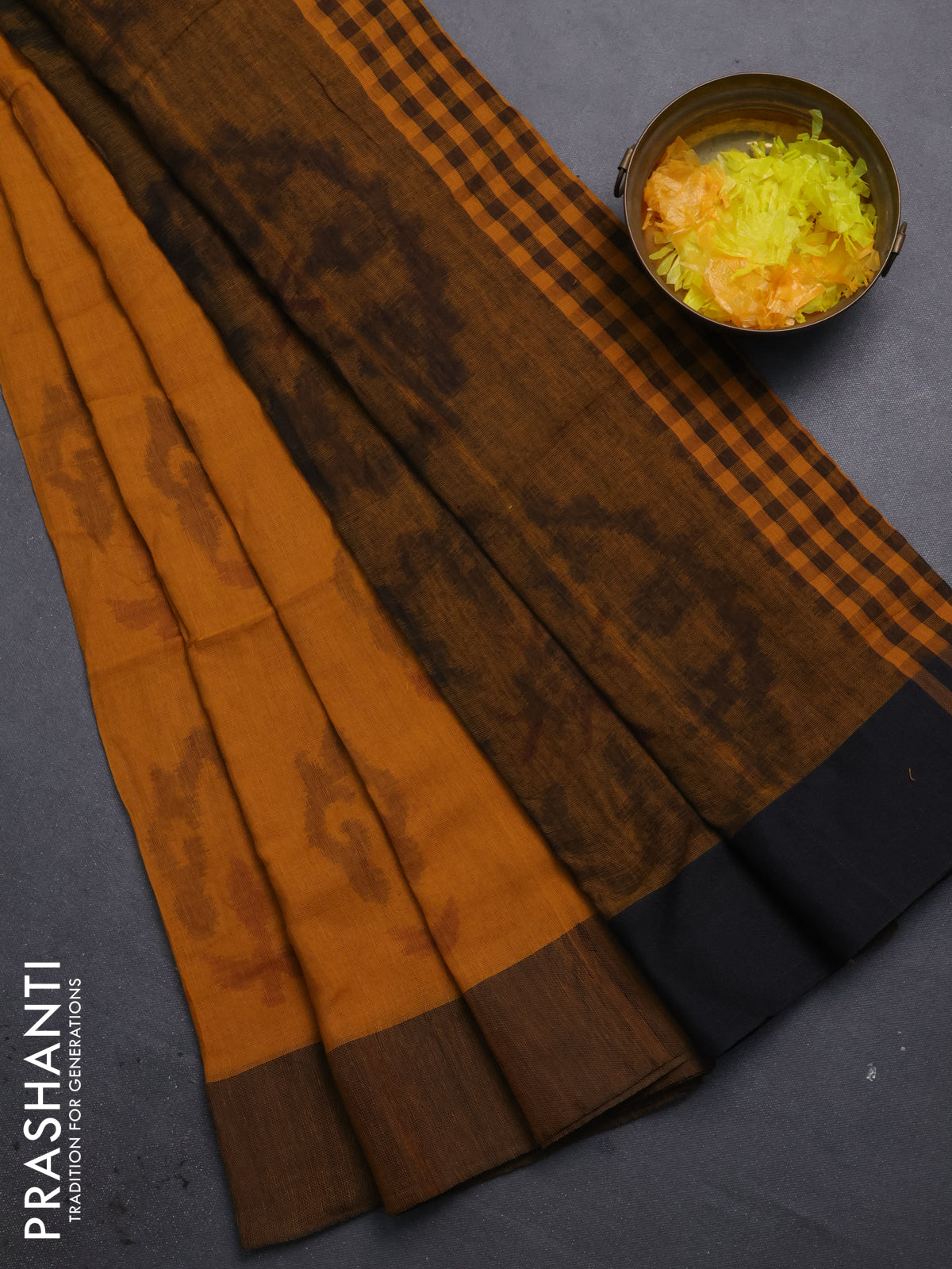 Bengal soft cotton saree dark mustard and black with allover butta weaves and simple border