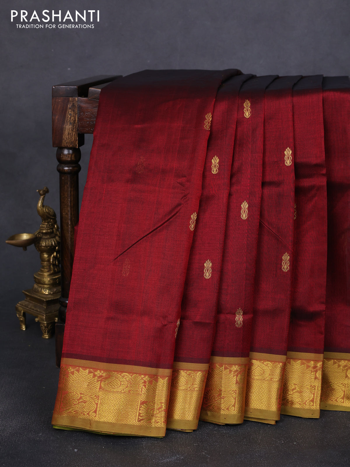 10 Yards silk cotton saree deep maroon and light green with zari woven buttas and zari woven border