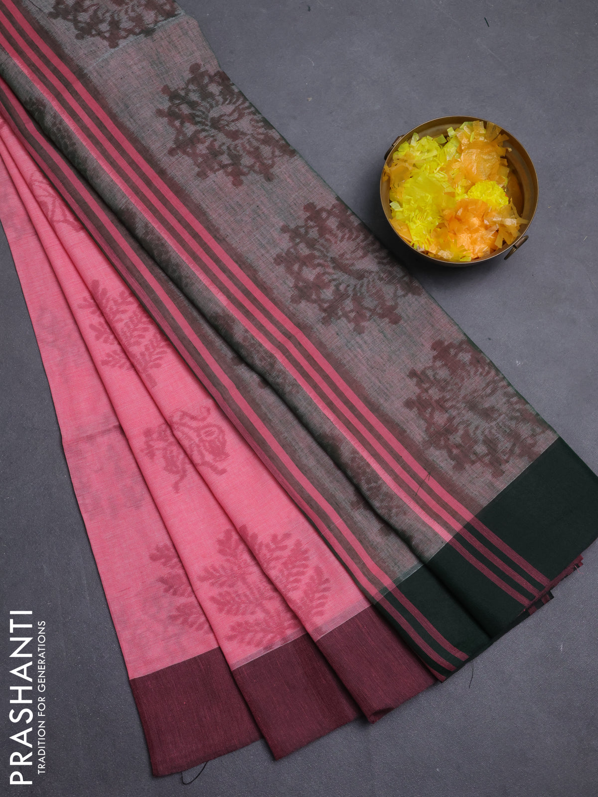 Bengal soft cotton saree candy pink and green with butta weaves and simple border