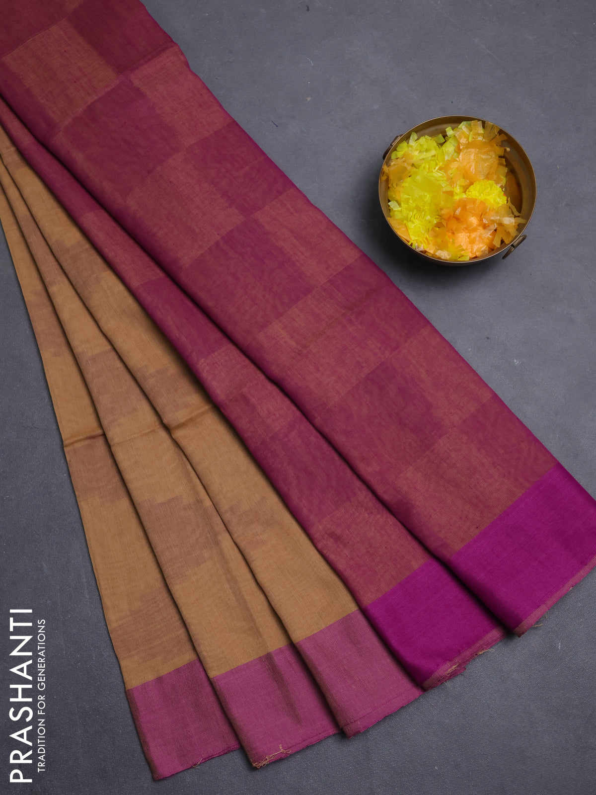 Bengal soft cotton saree sandal and purple with allover weaves and simple border