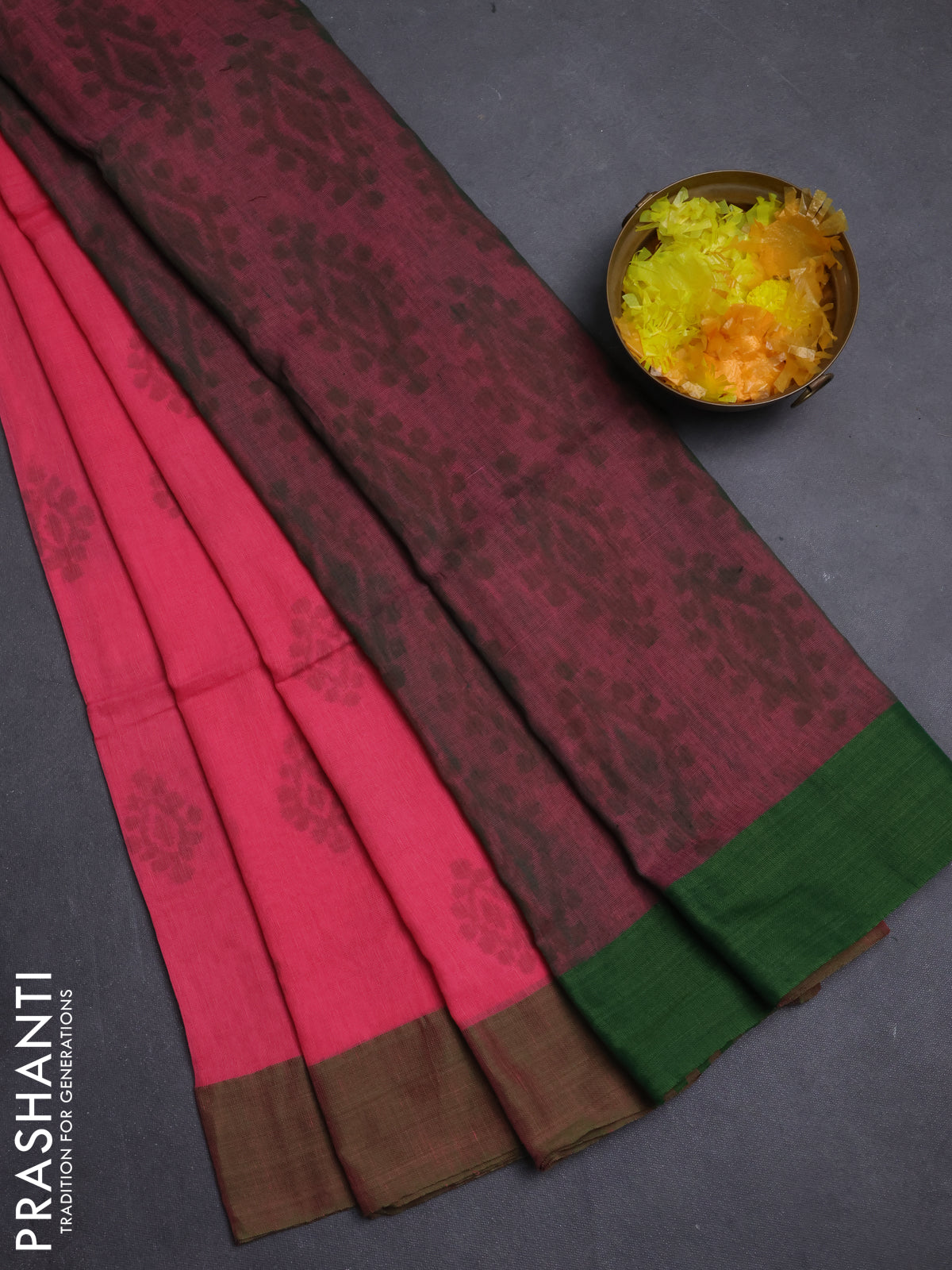 Bengal soft cotton saree candy pink and green with butta weaves and simple border