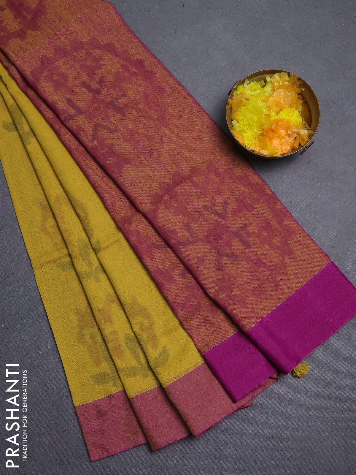 Bengal soft cotton saree yellow and purple with allover weaves and simple border