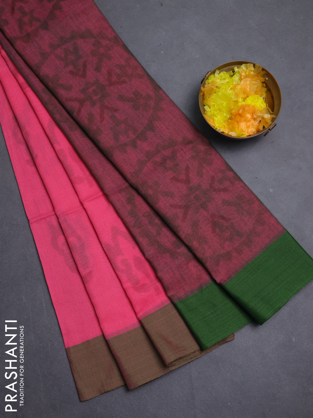 Bengal soft cotton saree candy pink and green with allover weaves and simple border