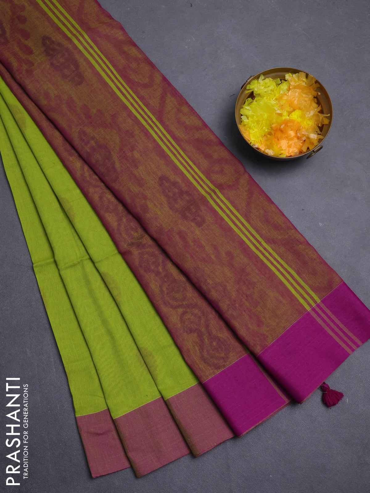 Bengal soft cotton saree light green and purple with allover weaves and simple border