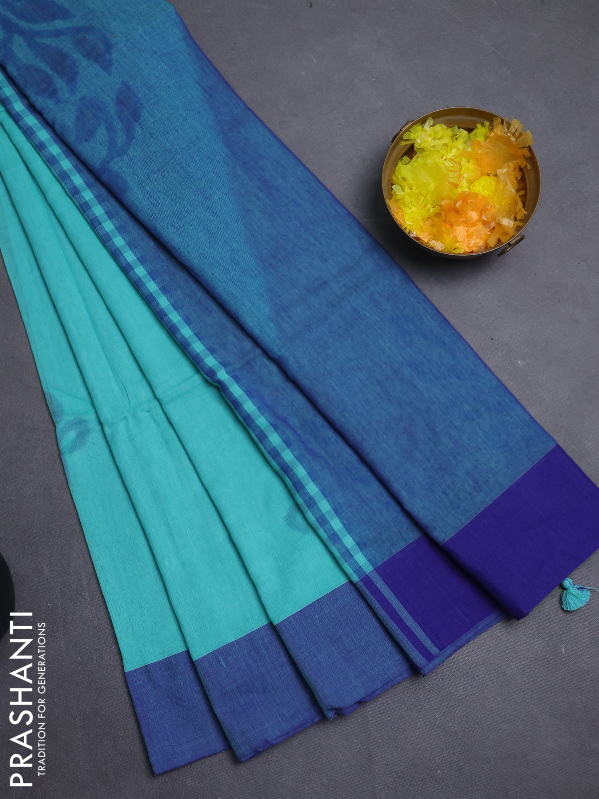 Bengal soft cotton saree teal blue and blue with allover butta weaves and simple border