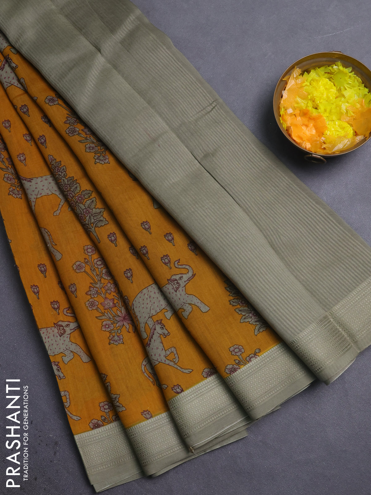 Chanderi silk cotton saree dark mustard and grey shade with allover prints and woven border