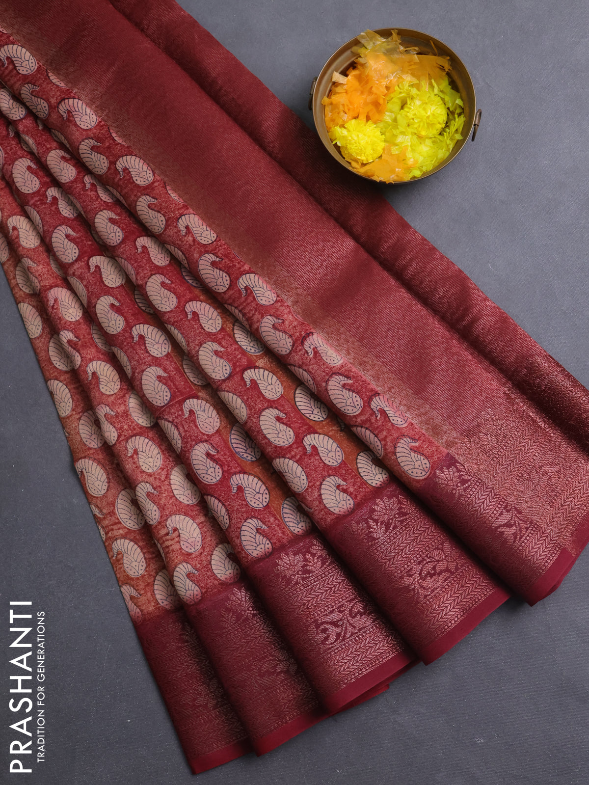 Chanderi silk cotton saree maroon with allover paisley prints and banarasi style border