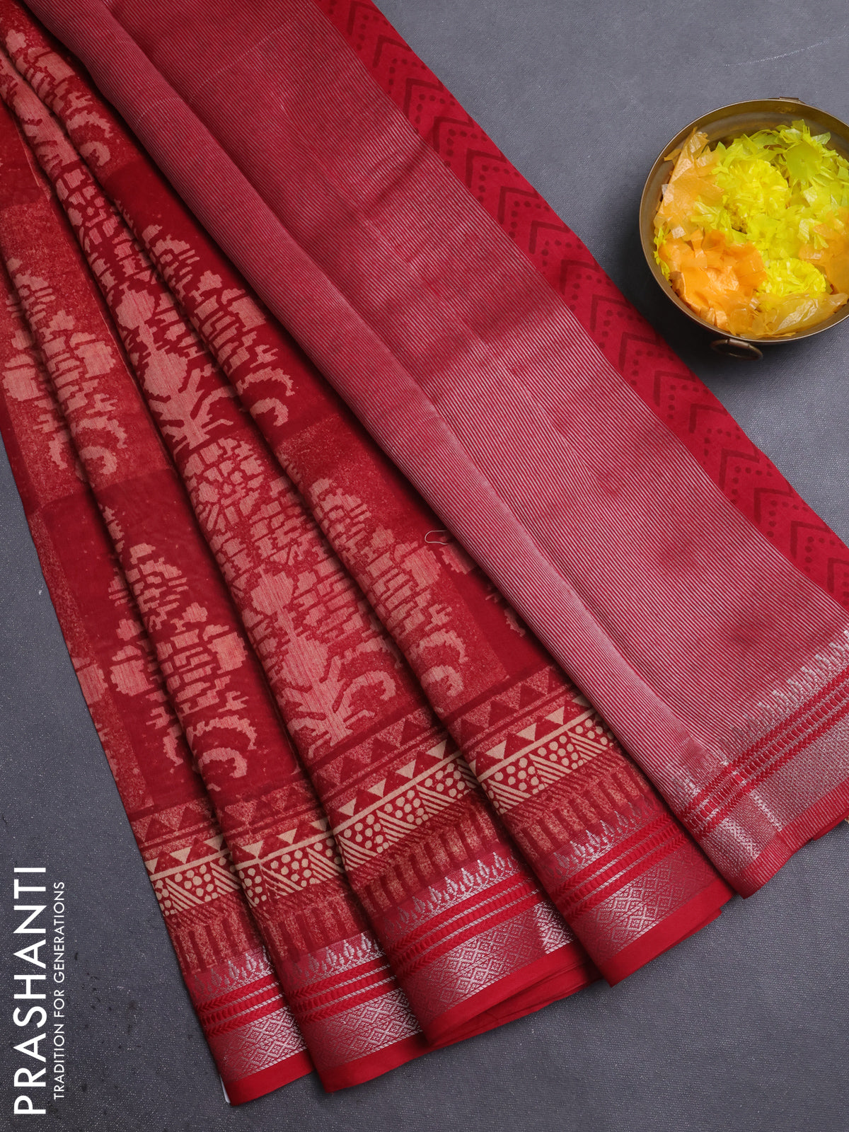 Chanderi silk cotton saree maroon with allover prints and silver zari woven border