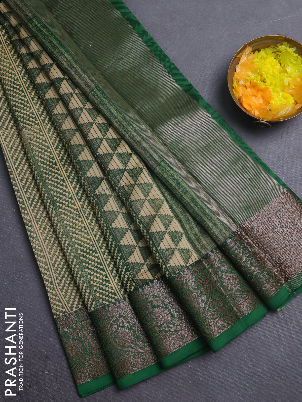 Chanderi silk cotton saree beige and green with allover prints and banarasi style border