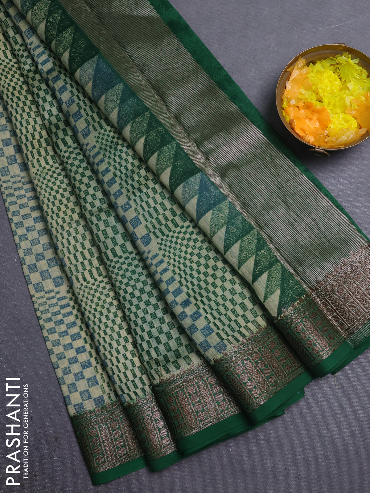 Chanderi silk cotton saree green with allover geometric prints and banarasi style border